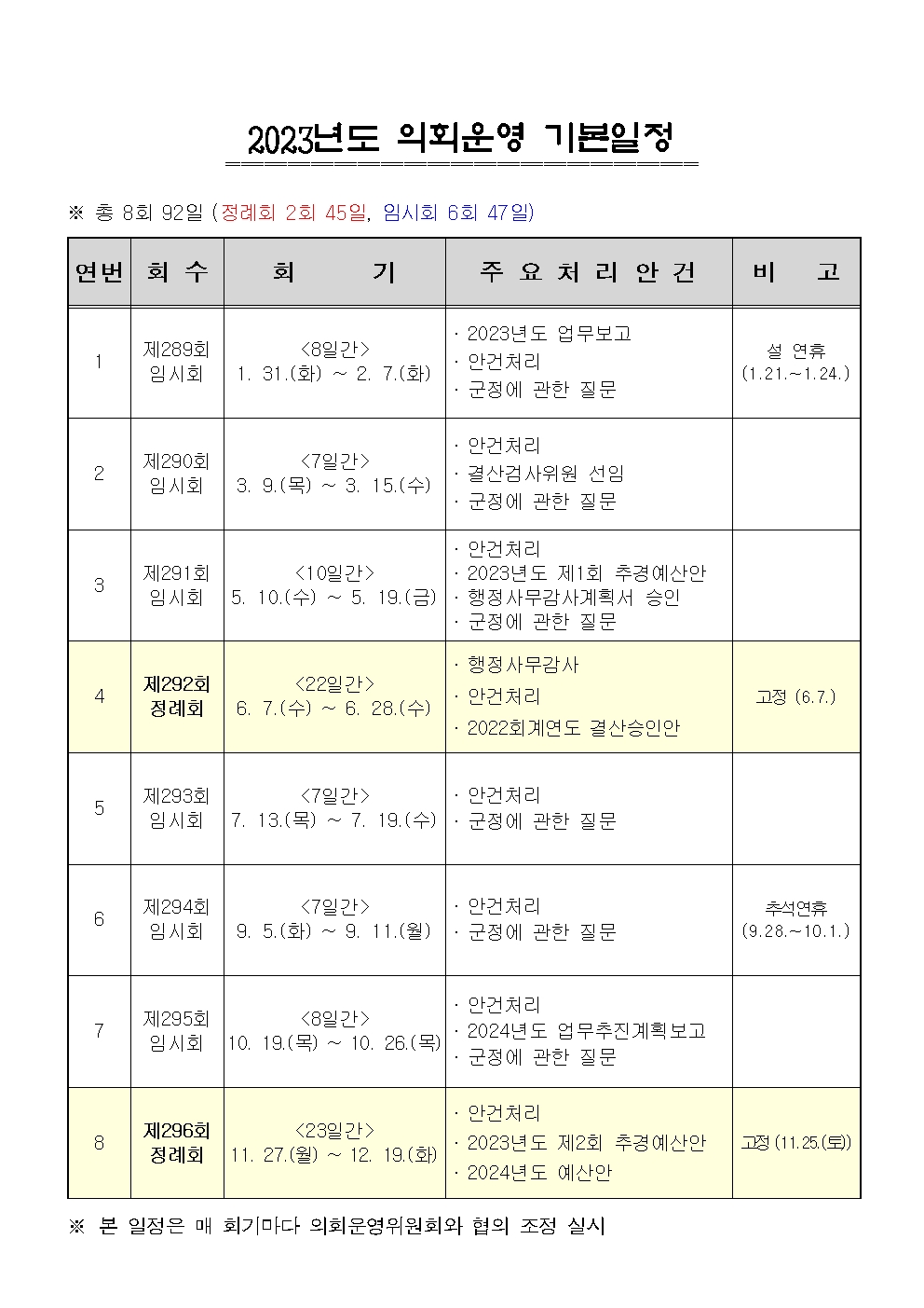 2023년도 의회운영 기본일정